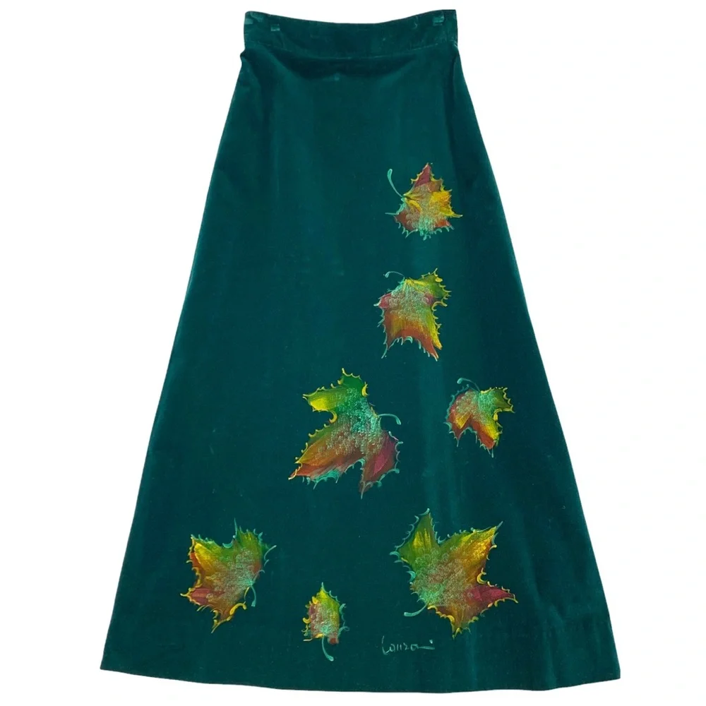 Vintage Italian Made Heavy Weight Green Velvet Skirt Custom Hand Painted Leaves